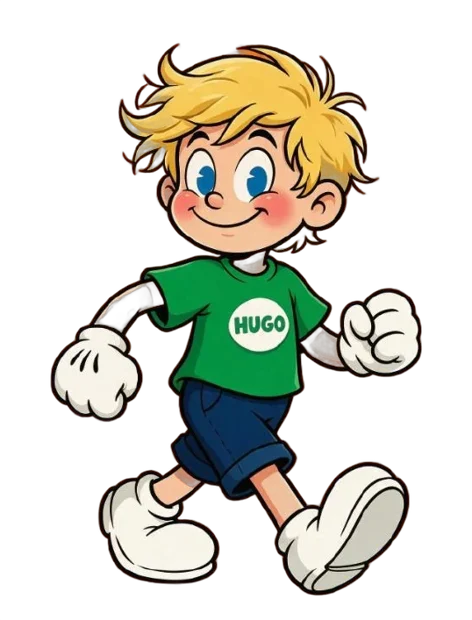 Hugo, el personaje de Huellitas Sanitas, caminando